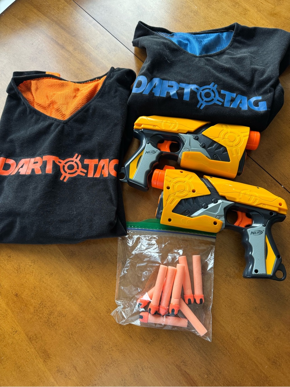 Nerf Dart Tag Orange and Black Pistols with Blue/Orange Vests